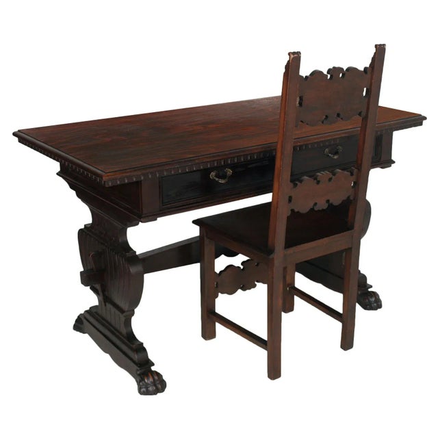Baroque 19th Century Hand Carved Solid Walnut Desk with Chair from Dini & Puccini, Set of 2 For Sale - Image 3 of 9