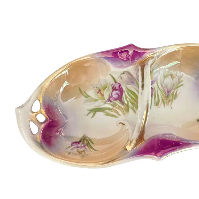 Antique Celery Dish With Handle by Ipf Germany Porcelain – Lusterware Floral Candy Nut Dish – Purple & Gold , 8 1/4” For Sale - Image 4 of 10