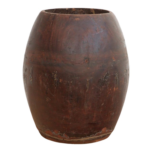 Antique Patinated Espresso Brown Barrel Pot For Sale