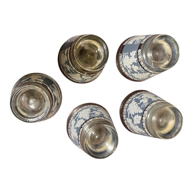 Mid-Century Modern 1960s 5 Vintage Jeanette Glass Jasperware Wild Grapes Rocks Glasses Wedgwood Blue For Sale - Image 3 of 6