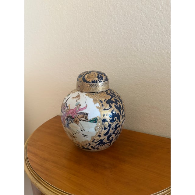Vintage Blue and Gold Porcelain Urns With Equestrian Hunt Scene (A Pair) For Sale - Image 9 of 9