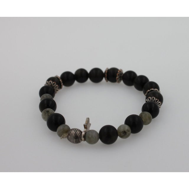 Contemporary Black Agate Grey Earth Gemstones Round Bead Stretchy Unique Statement Circle Bead For Sale - Image 3 of 10