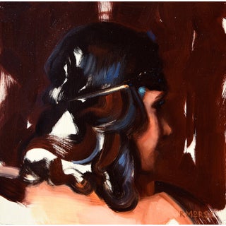 Turning by Ryan Morse | Oil on panel Portrait of a woman in profile with dark hair For Sale