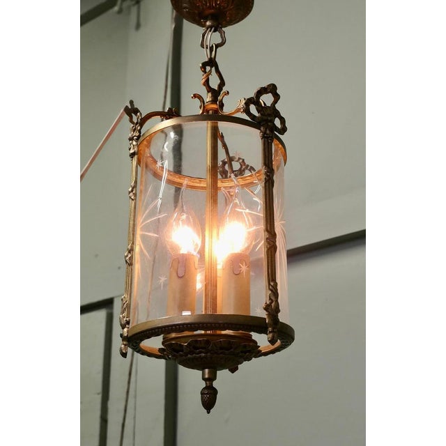 Art Deco Brass and Star Etched Glass Pendant Lantern, 1920 For Sale - Image 4 of 8
