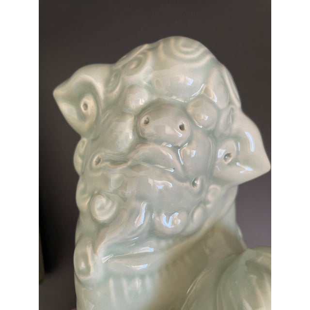 Celadon Vintage Glazed Porcelain Chinese Foo Dogs, Pair For Sale - Image 8 of 11