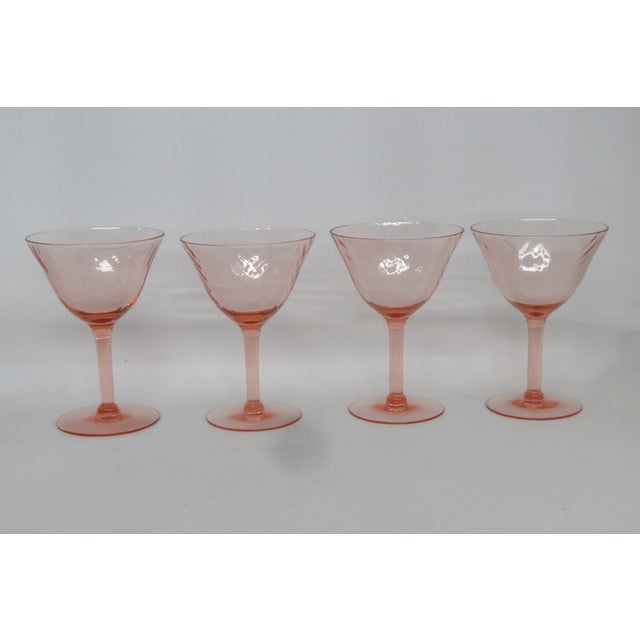 Art Deco Early 20th Century Pink Stem Depression Glass Optic Swirl Glassware Wine Sherry Goblets 4751b - 4pc For Sale - Image 3 of 11