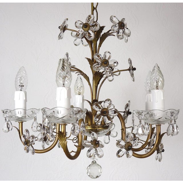 Goldenrod Antique Italian Gold-Plated Metal Crystal Flowers Chandelier, 1950s For Sale - Image 8 of 17