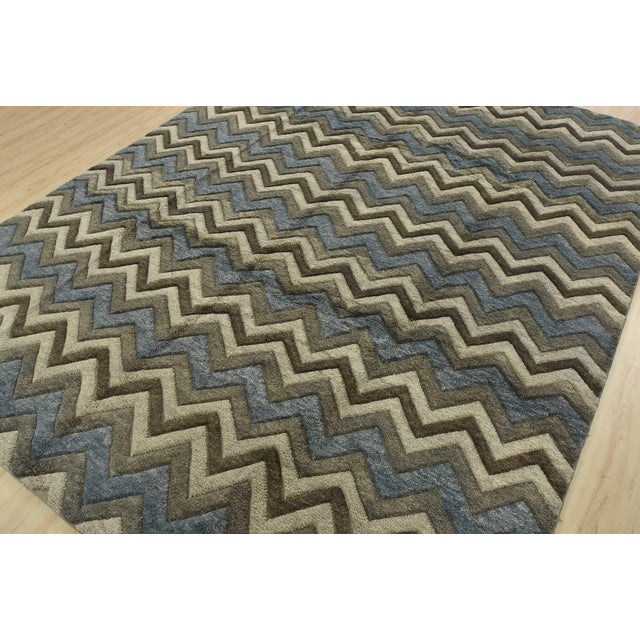 Contemporary Chevron Rug 8'1'' X 10'3'' Gray Blue Wool Contemporary Hand-Knotted Carpet For Sale - Image 3 of 12