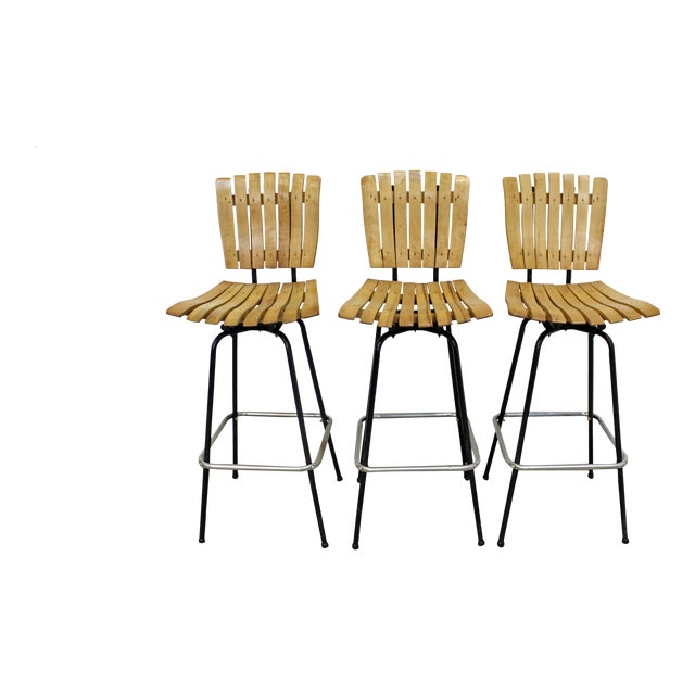 Set of 3 Mid-Century Danish Modern Arthur Umanoff Style Swivel Slat Bar Stools For Sale