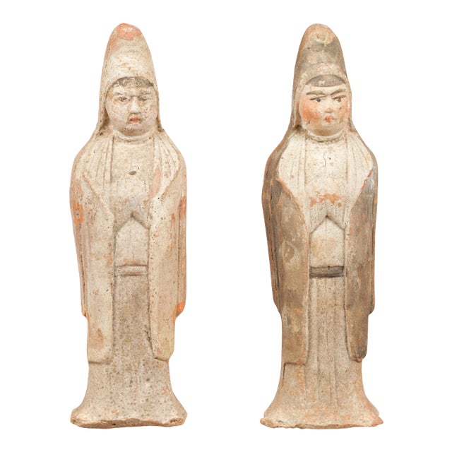 Mid 20th Century Chinese Qing Dynasty Small Hand Painted Terracotta Statues - a Pair For Sale