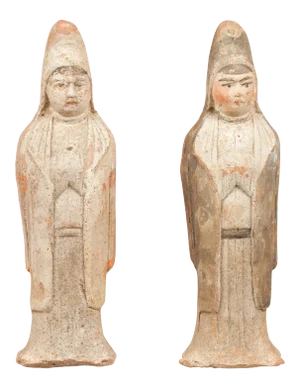 Mid 20th Century Chinese Qing Dynasty Small Hand Painted Terracotta Statues - a Pair