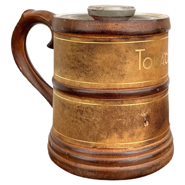 Mid-Century Leather & Porcelain Ceramic Tobacco Pot, 1950s For Sale