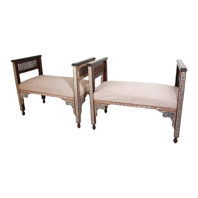 Antique Moroccan Benches With Mosaic White Shell Inlay a Pair For Sale