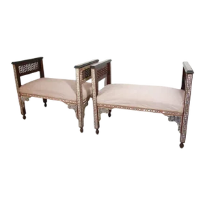 Antique Moroccan Benches With Mosaic White Shell Inlay a Pair