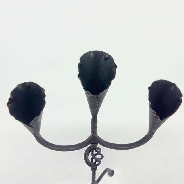Hand Forged Iron Candelabra 27″ (68cm) Antique Copper Finish 3-Arm Sculptural Tulip Cup Centerpiece For Sale - Image 4 of 6