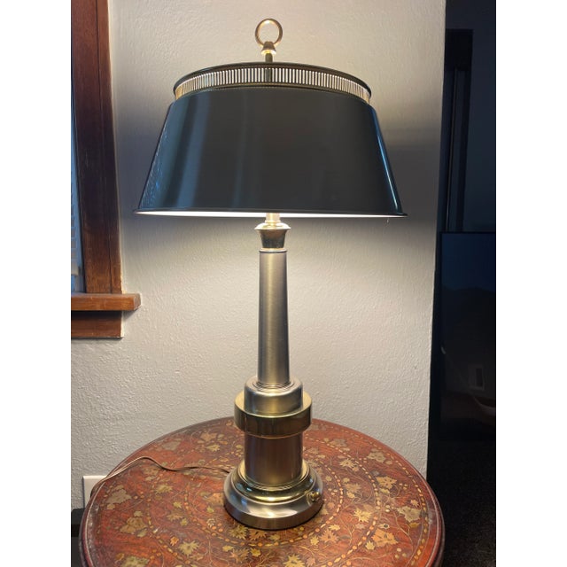 Vintage Brushed Steel & Brass Banker’s Lamp – Industrial Modern Desk Light For Sale - Image 11 of 12