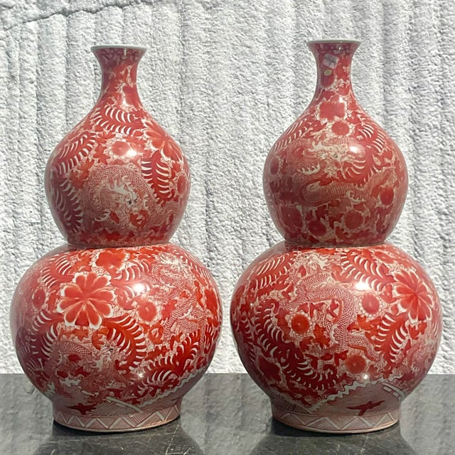 Vintage Asian Glazed Ceramic Double Gourd Vases - A Pair For Sale - Image 4 of 12