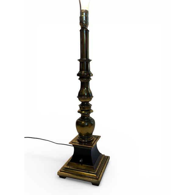 Brass 1960s MCM Torchiere Lamp Stiffel, Candle Stick Neoclassical Brass Finish With Original Shade & Finial. 3-Way Elc. For Sale - Image 8 of 12