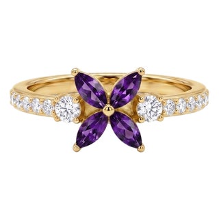 14k Yellow Gold Marquise Amethyst Round Diamond Flower Motif Pave Engagement Ring Us 7 For Sale