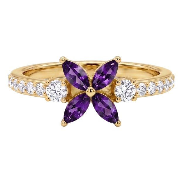 14k Yellow Gold Marquise Amethyst Round Diamond Flower Motif Pave Engagement Ring Us 7 For Sale