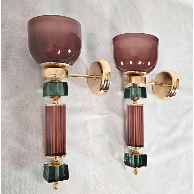 1990 Burgundy and Green Murano Glass Sconces - a Pair For Sale - Image 4 of 11