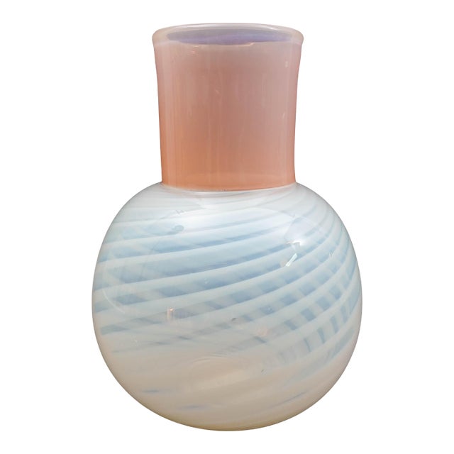 Laslo for Mikasa Japan Vintage Pink Opal White Swirl Art Glass Vase 10 7/8" For Sale