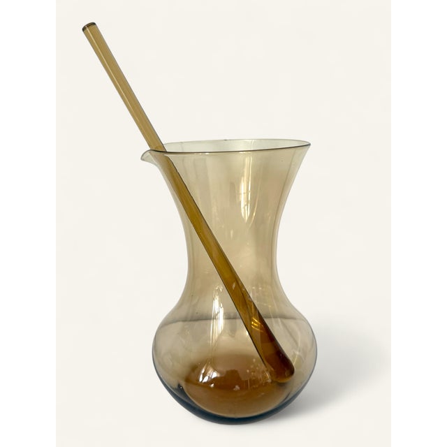 Mid-Century Modern Mid-Century Smokey Amber Handblown Glass Pitcher With Stir Stick – Attributed to Empoli Italy For Sale - Image 3 of 3