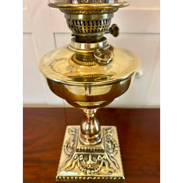 Metal Antique Victorian Brass Oil Lamp with Etched Amber Glass Shade, 1880 For Sale - Image 7 of 9