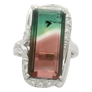 13.48 Carat Watermelon Tourmaline Diamond Platinum, Size 6.75 For Sale