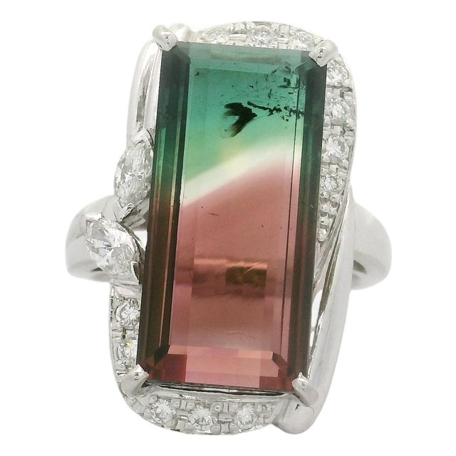 13.48 Carat Watermelon Tourmaline Diamond Platinum, Size 6.75 For Sale