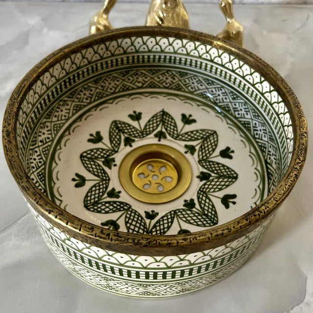 Not Yet Made - Made To Order Small Green Sink for Bathroom, Rustic Ceramic Basin, Round Washbasin With Brass Drain For Sale - Image 5 of 8