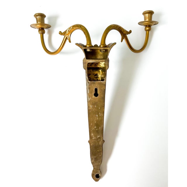 Pair of Vintage Neoclassical Double-Arm Wall Candle Sconces – Gold Gilt or Brass-Plated For Sale - Image 9 of 12