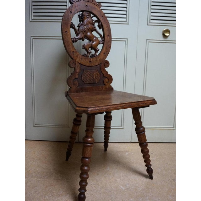 Wood 19th Century Swiss Black Forest Hand Carved Oak Side Chair with Standing Lion For Sale - Image 7 of 15