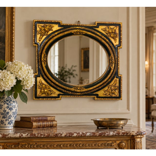 Black Vintage Neoclassical Empire Italian Giltwood Mirror with Fruit and Laurel Motifs, 1970s For Sale - Image 8 of 10