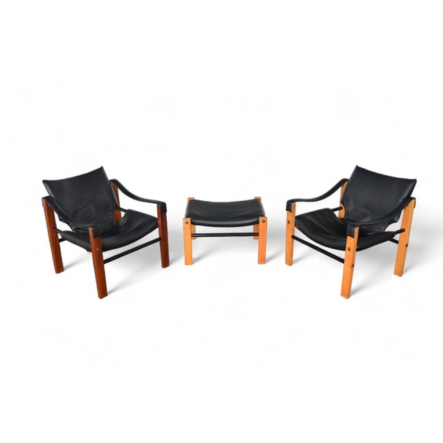 Mid-Century Modern Pair of Mid 20th Century Maurice Burke Safari Lounge Chairs + Ottoman For Sale - Image 3 of 10