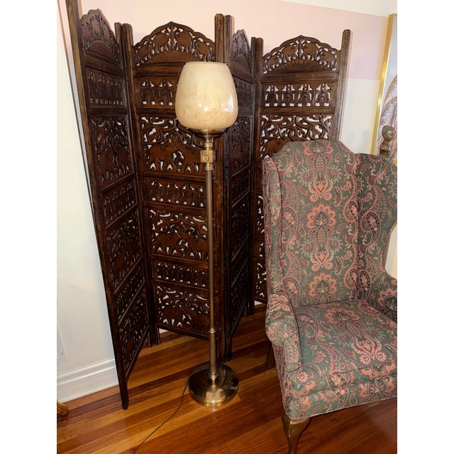 Vintage Ralph Lauren Style Old Money Neoclassical Brass Glass Floor Lamp Vintage neoclassical brass floor lamp with a...
