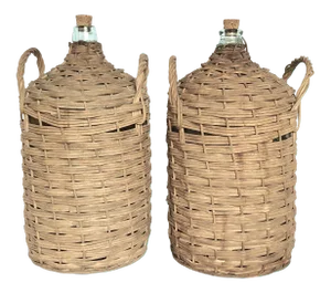 24" Made in Portugal, Antique European Rattan Carboy/Demijohn Bottles - a Pair