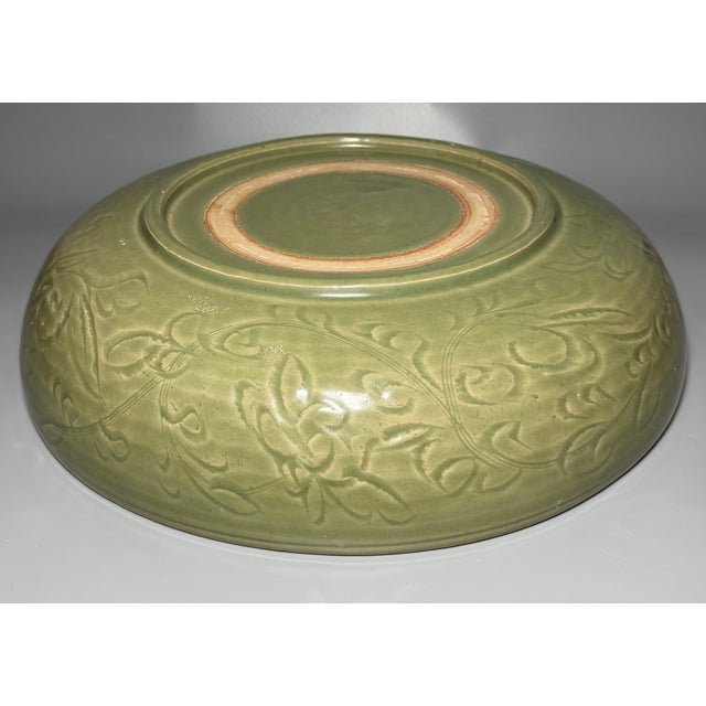 Chinese Celadon Large Decorative Plate, Collectible Carved Motif Platter For Sale - Image 6 of 7