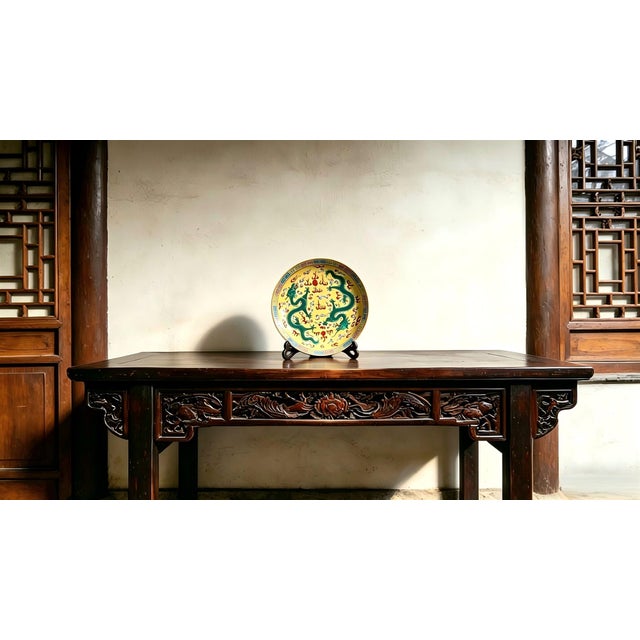 Chinese Ceramic Plate,Qianlong Marked Yellow Ground Famille Rose Porcelain Plate Hand Painted Double Dragon Pattern For Sale - Image 4 of 10
