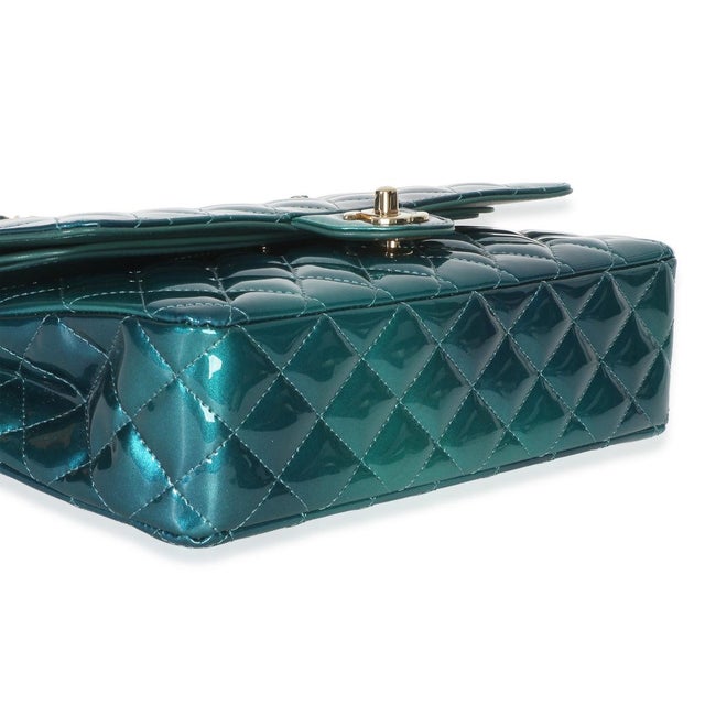 Green Blue Shaded Quilted Patent Medium Classic Double Flap Bag For Sale In New York - Image 6 of 9
