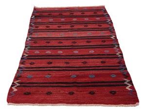 Kilim Runner Rug in Wool in Shades of Red with Oriental Decorations