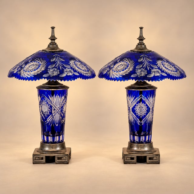 Pair of Cobalt Blue Cut-Glass Table Lamps With Floral Shades For Sale - Image 4 of 11