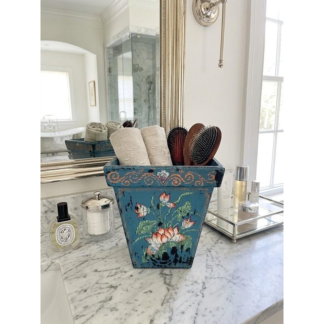 Vintage Balinese Hand-Painted Wood Cachepot or Trash Can | Teal & Lotus Motif For Sale - Image 9 of 9