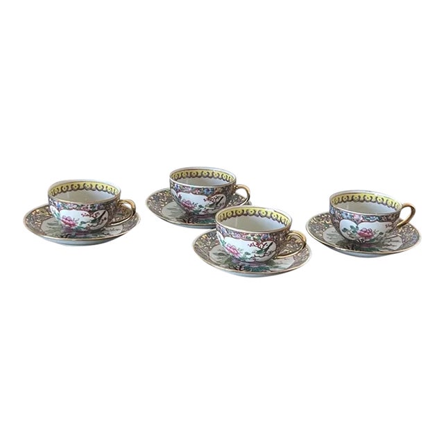 Antique Qian-Long Porcelain Teacups and Saucers With Birds and Flowers, Set of Four (4) For Sale