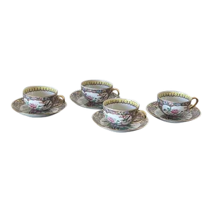 Antique Qian-Long Porcelain Teacups and Saucers With Birds and Flowers, Set of Four (4)