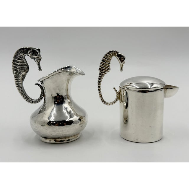 Mid-Century Modern 1950s Los Castillo Taxco Seahorse Silver Plate Creamer & Sugar Set For Sale - Image 3 of 18
