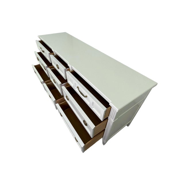 Wood Vintage American of Martinsville Off-White Lacquered Triple Dresser With Original Brass Hardware For Sale - Image 7 of 17