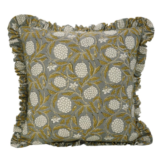 Fabdivine Artisan Block Print Throw Frill Pillow Cover Gray 14x20 Inch Pure Linen- Merakhi For Sale