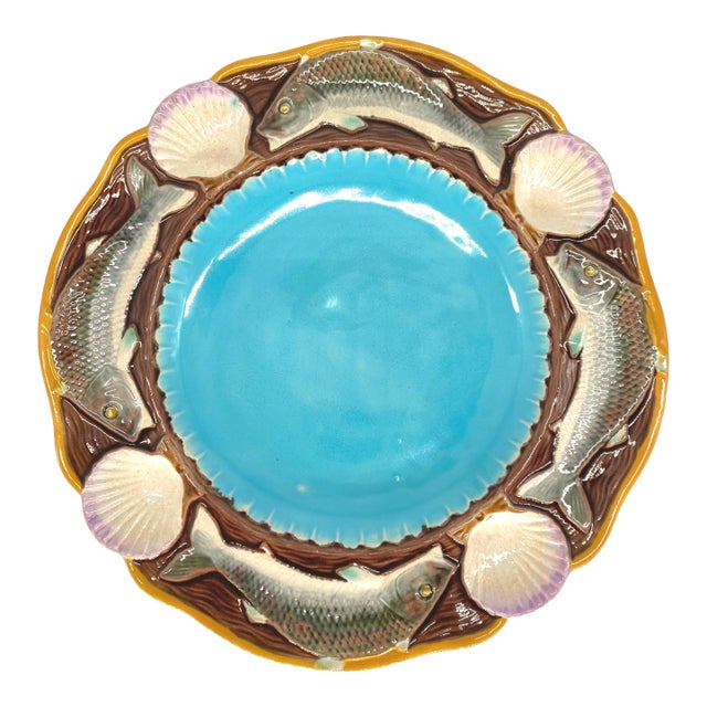 Minton Majolica Seafood Plate With Fish and Shells, English, Dated 1873 For Sale