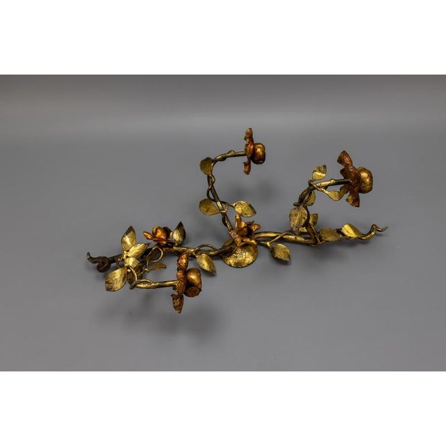 Hollywood Regency Gilt Tole Metal Triple-Arm Floral Wall Candle Sconce, 1970s For Sale - Image 15 of 18